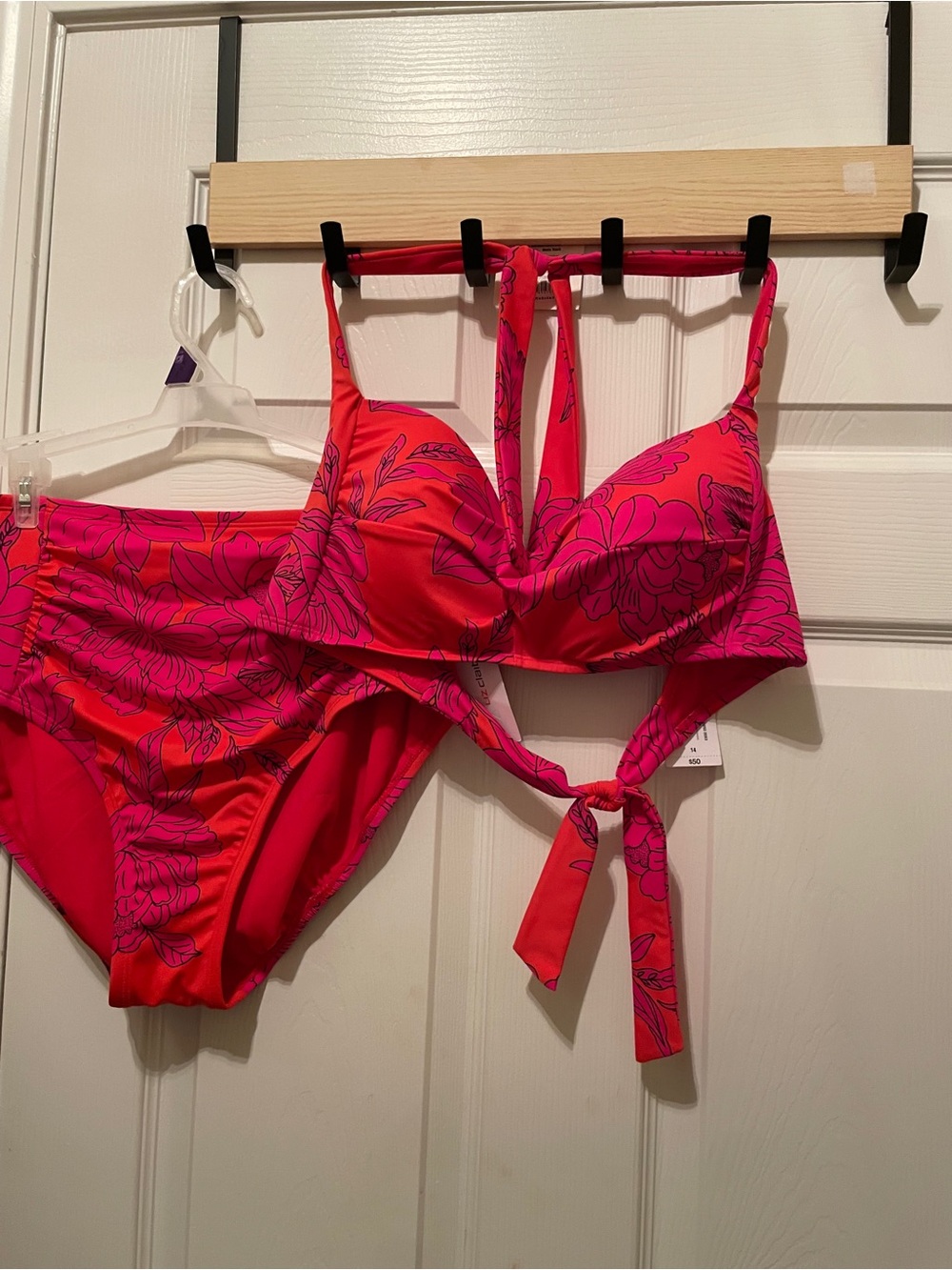 Liz Claiborne Red and Pink Floral Underwire Bikini Set size 14 NWT